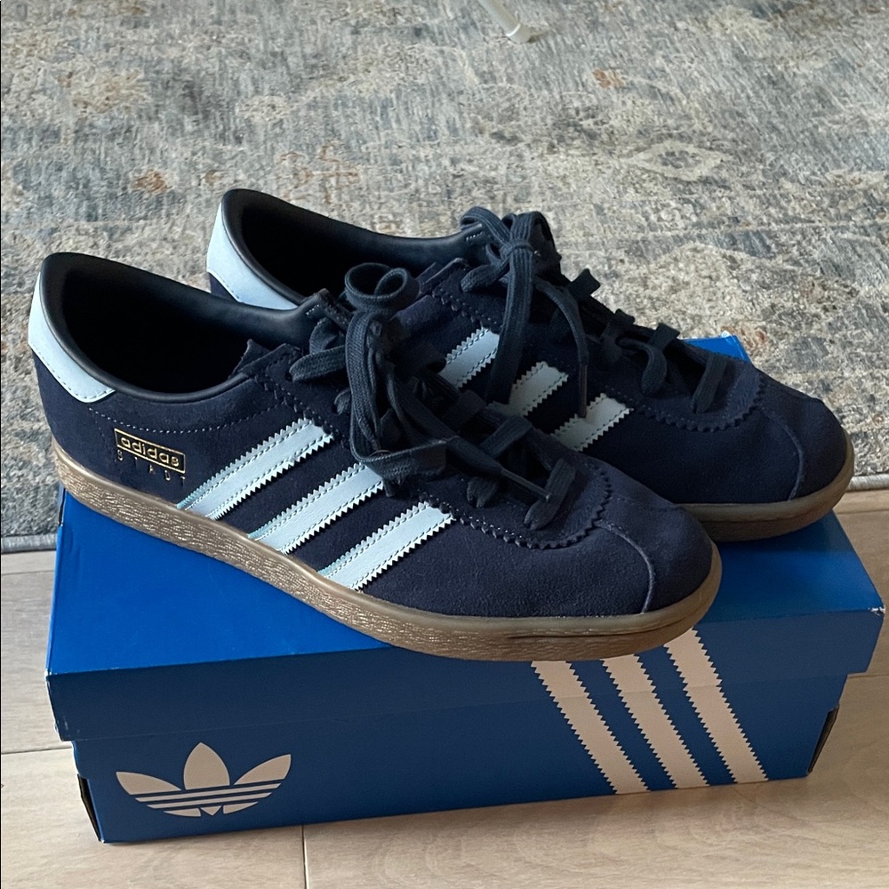 adidas Navy Suede Trainers with White Stripes